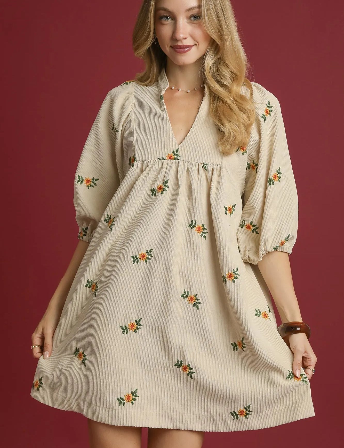 Cream Umgee Corduroy Babydoll Dress with Floral Embroidery | Daverri Fashions