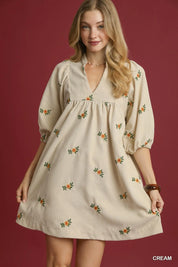 Cream Umgee Corduroy Babydoll Dress with Floral Embroidery | Daverri Fashions