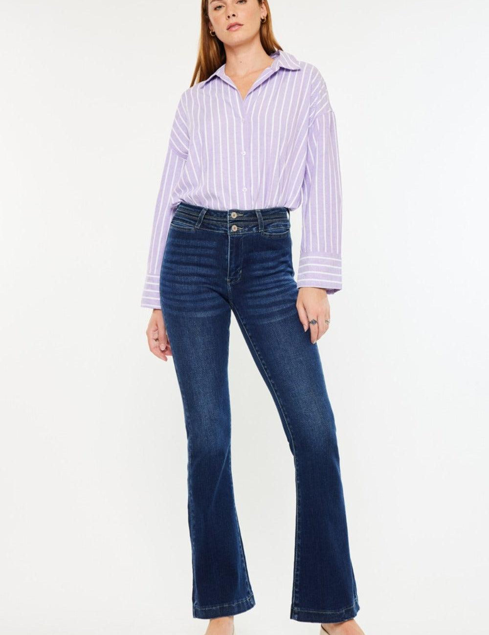 Dark Kancan High Rise Double Waistband Flare Jeans | Daverri Fashions