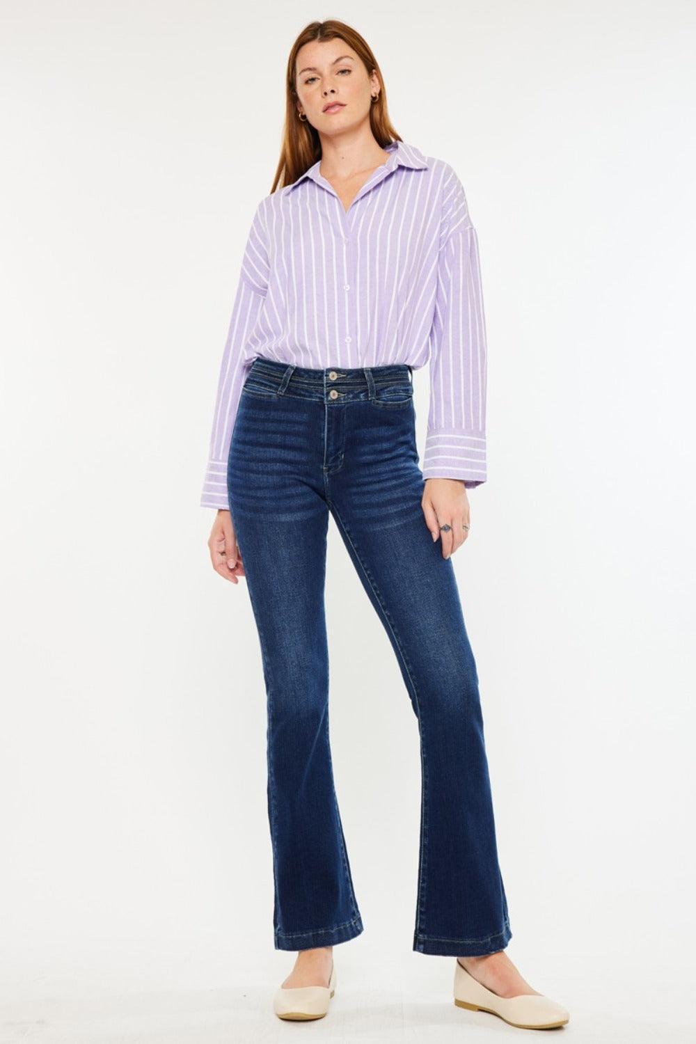 Dark Kancan High Rise Double Waistband Flare Jeans | Daverri Fashions