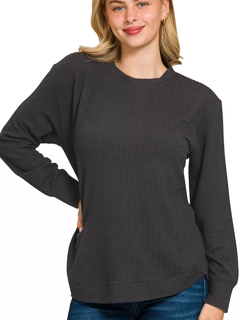 BLACK Zenana Full Size Raised Rib Round Neck Long Sleeve Top Plus Size | Tops Daverri Fashions