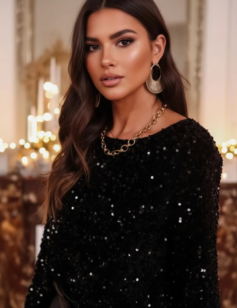 Sequin Round Neck Long Sleeve Blouse | Blouses Daverri Fashions