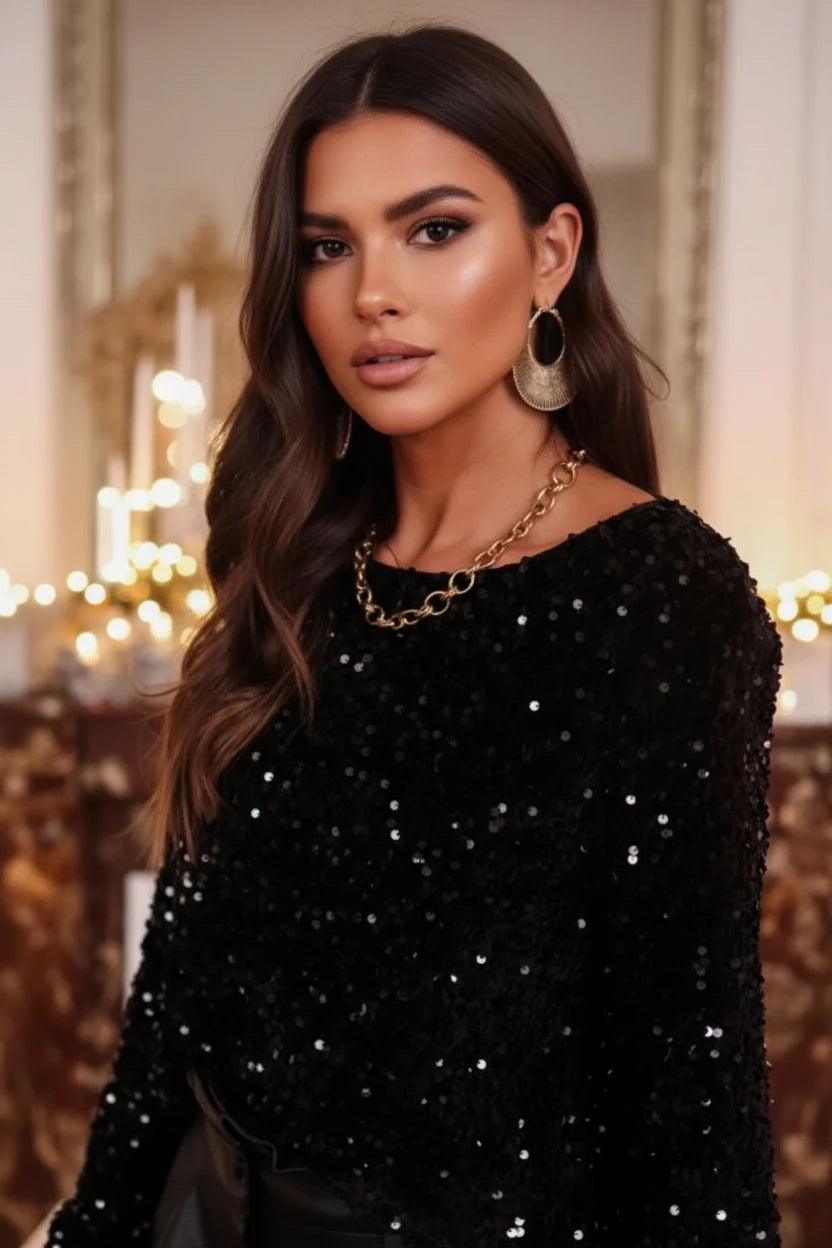 Sequin Round Neck Long Sleeve Blouse | Blouses Daverri Fashions