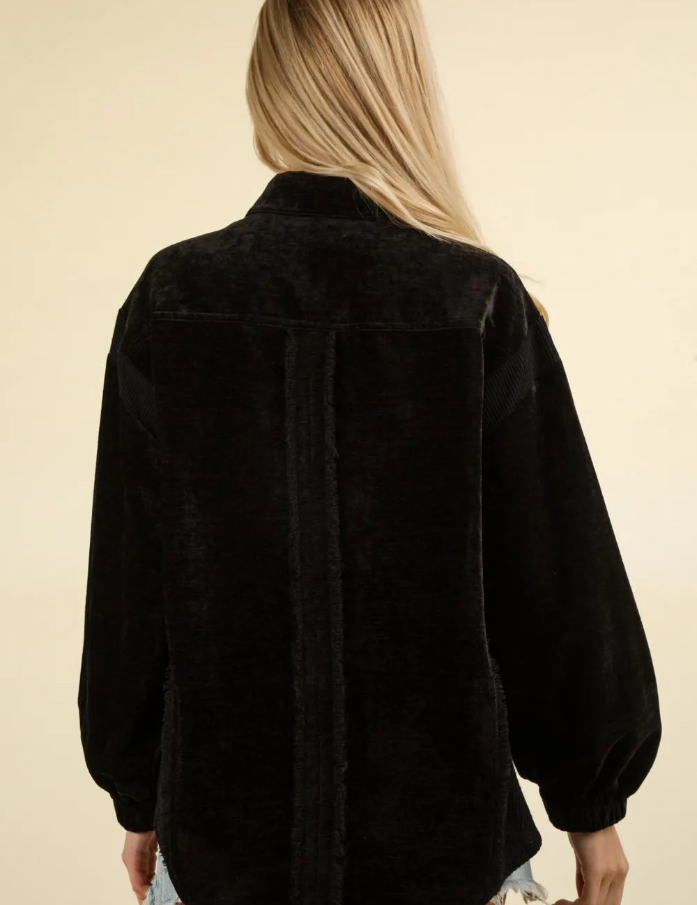 VERY J Mixed Media Button Down Raw Hem Shacket | Shackets Daverri Fashions