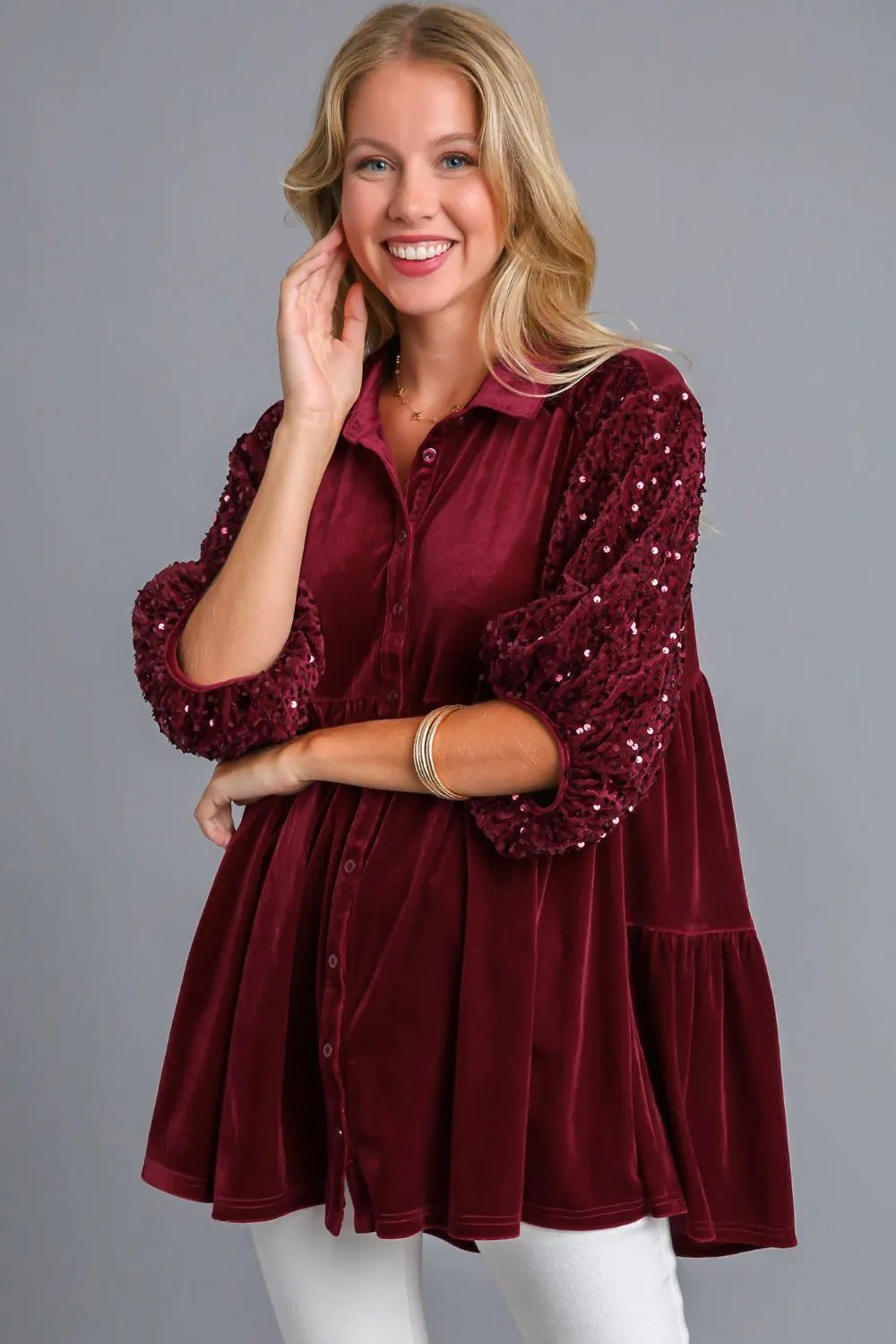 Wine Umgee Sequin Detail Tiered Back Half Sleeve Shirt | Daverri Fashions