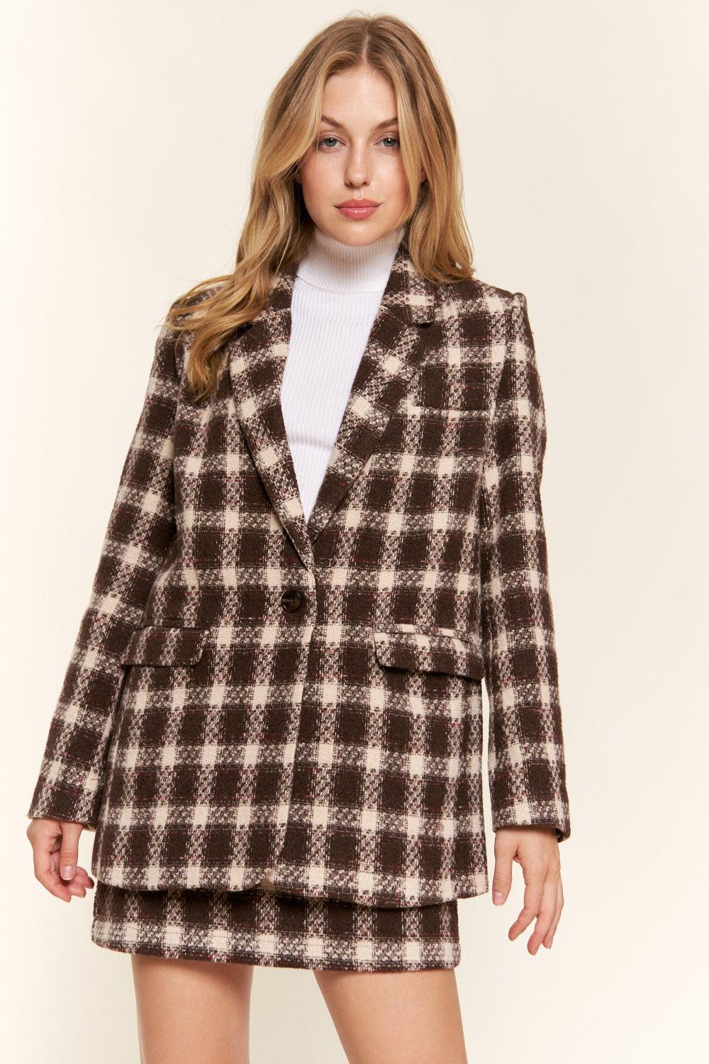 And The Why Full Size Plaid Brushed One Button Blazer | Daverri Fashions