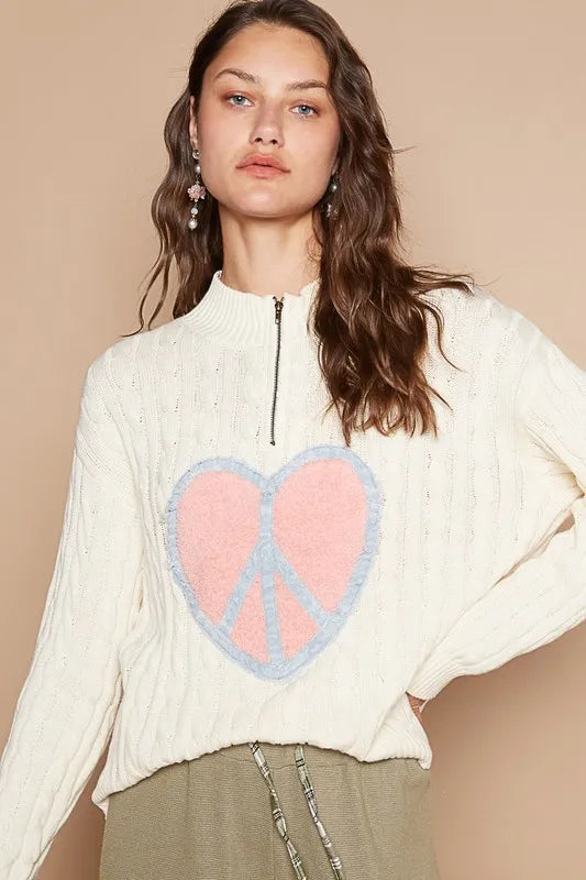 POL Cable-Knit Peace Patch Dropped Shoulder Sweater | Sweaters Daverri Fashions