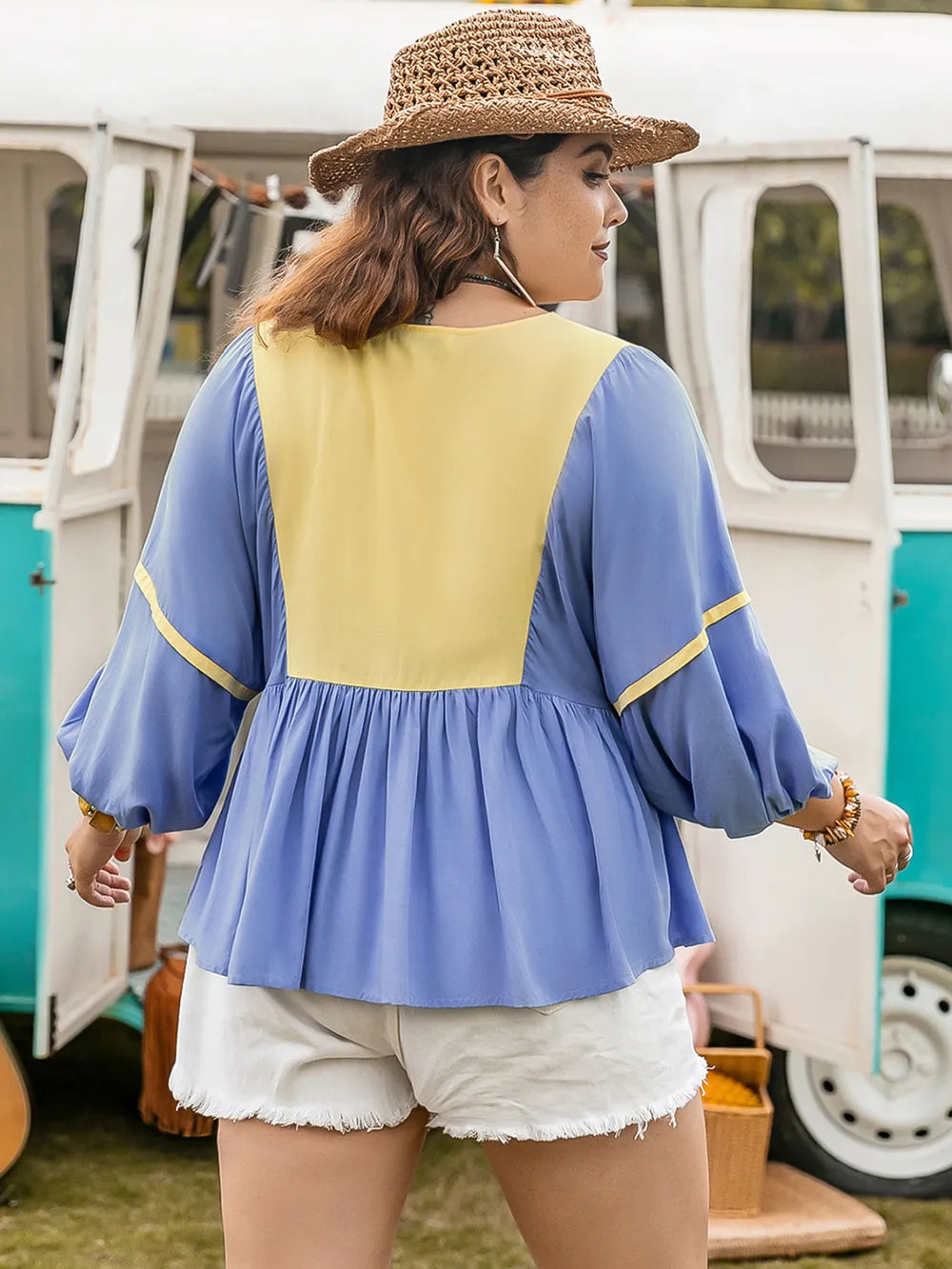 Plus Size Ruched Tie Neck Balloon Sleeve Blouse | Blouses Daverri Fashions