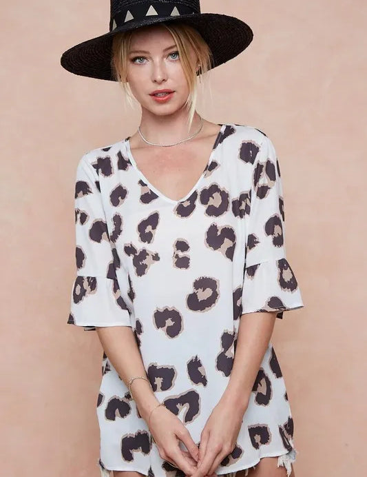 LEOPARD BiBi Leopard Printed V Neck Woven Top with Ruffled | Blouses Daverri Fashions
