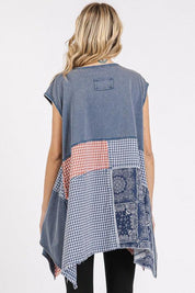 Mittoshop Patchwork Mineral Washed Round Neck Cap Sleeve Top | Tops Daverri Fashions