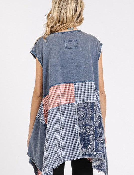 Mittoshop Patchwork Mineral Washed Round Neck Cap Sleeve Top | Tops Daverri Fashions