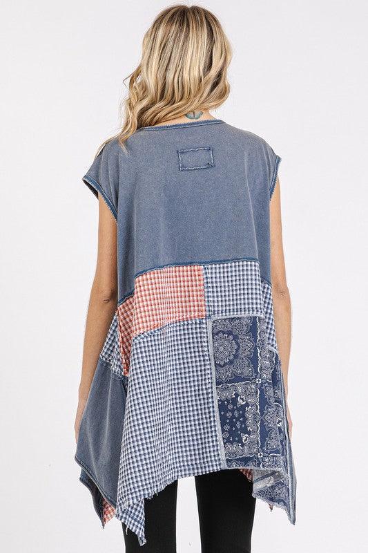 Mittoshop Patchwork Mineral Washed Round Neck Cap Sleeve Top | Tops Daverri Fashions