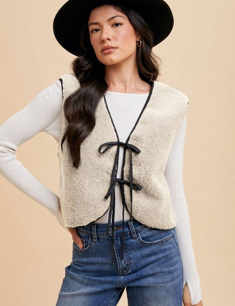 Cream Annie Wear V-Neck Tie Detail Vest Coat | Vests Daverri Fashions