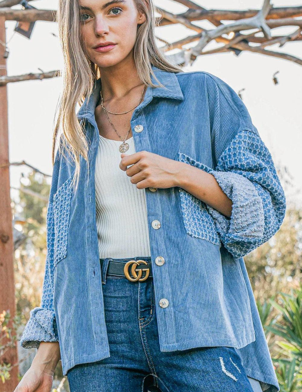 Blue And The Why Button Down Corduroy Contrast Texture Long Sleeve Shacket | Shackets Daverri Fashions