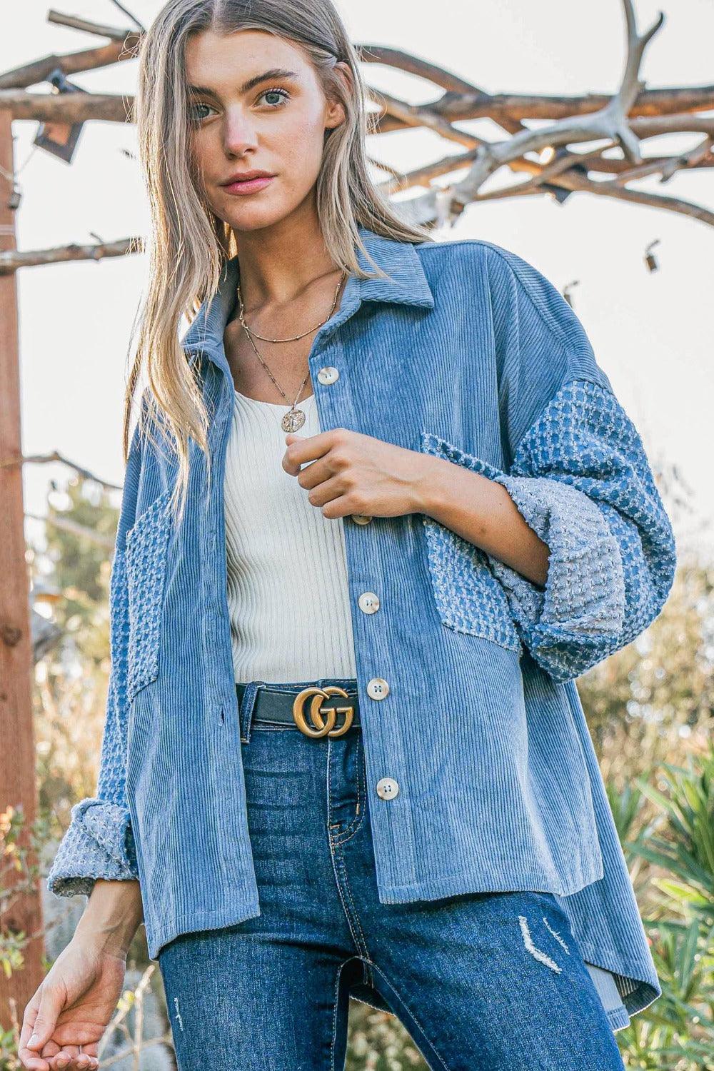 Blue And The Why Button Down Corduroy Contrast Texture Long Sleeve Shacket | Shackets Daverri Fashions