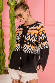 BiBi Ethnic Pattern Button Up Knit Cardigan | Cardigans Daverri Fashions