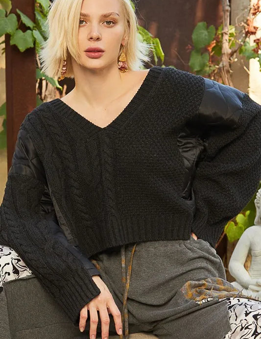 Black POL Cable Knit Quilting Patch V-Neck Sweater Black | Sweaters Daverri Fashions
