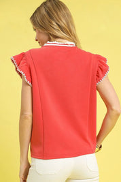 Umgee Contrast Trim Ruffle Cap Sleeve Blouse | Daverri Fashions