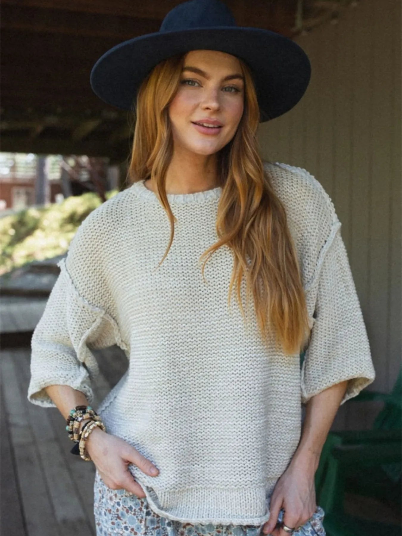 Round Neck Oversized Knit Top with Relaxed Fit | Tops Daverri Fashions