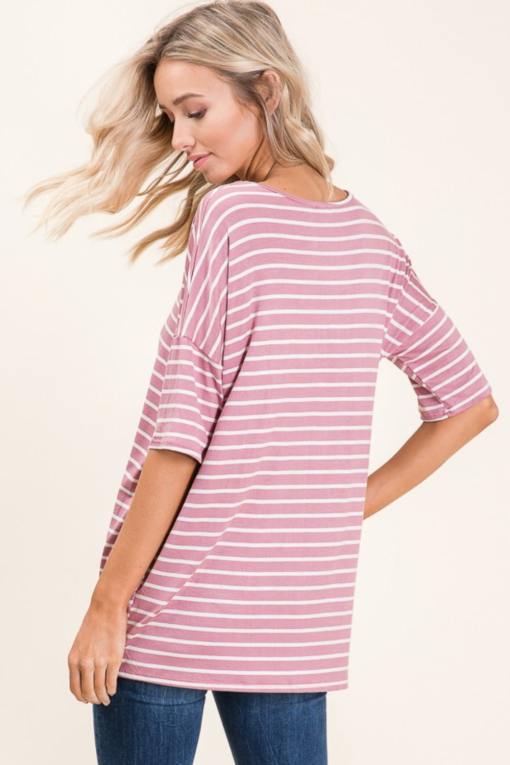 BOMBOM Striped Round Neck Half Sleeve T-Shirt | Daverri Fashions