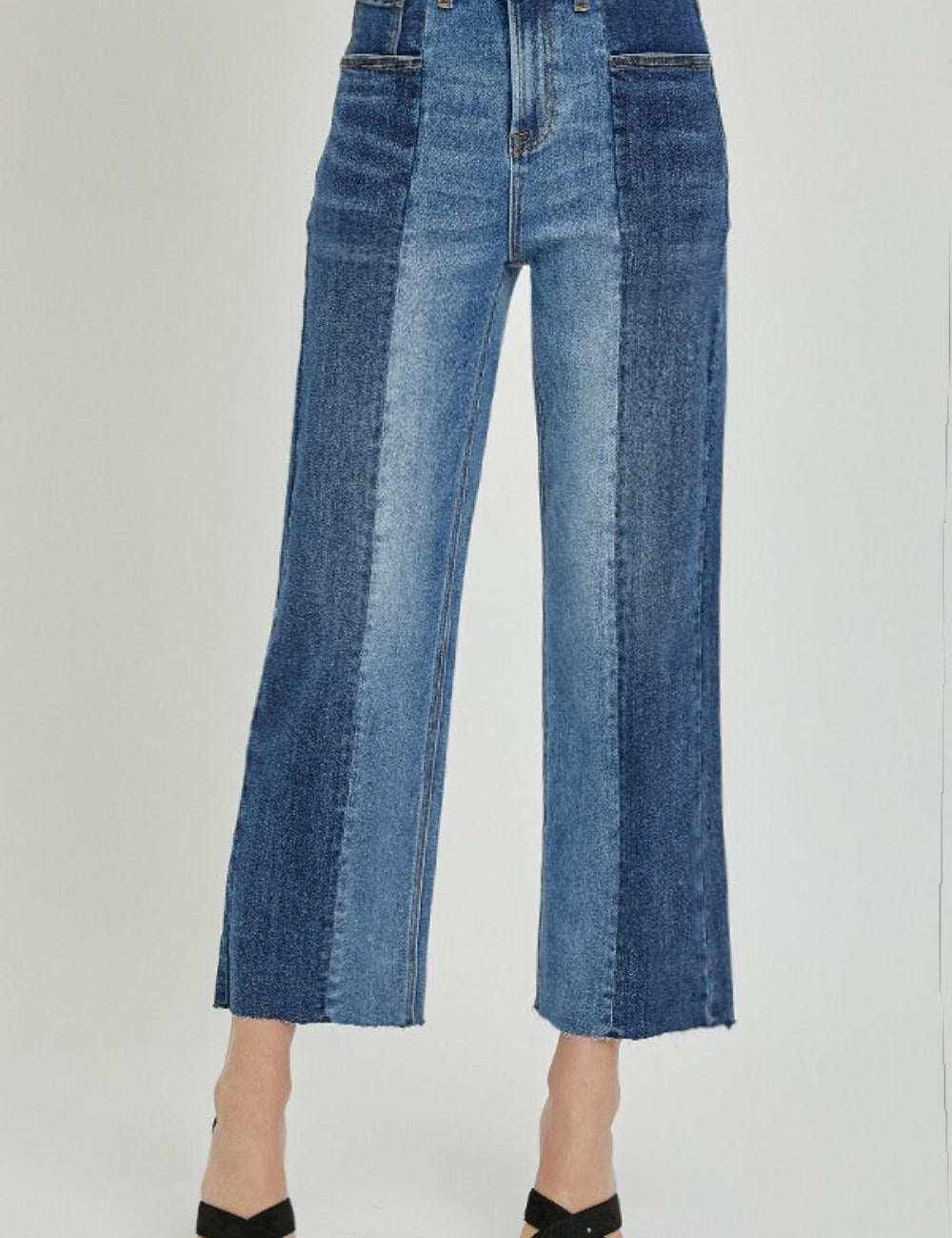 Dark Combo RISEN Full Size Mid-Rise Waist Two-Tones Jeans with Pockets | Daverri Fashions