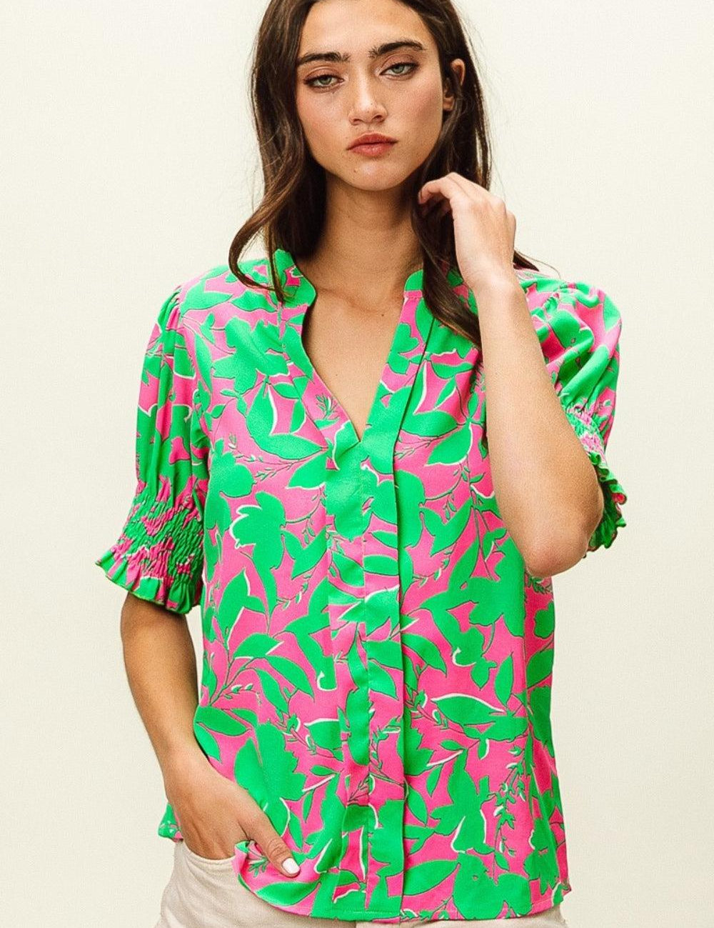 Jade Fuchsia S BiBi Smocked Cuff Floral Contrast Top | Tops Daverri Fashions