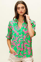 Jade Fuchsia S BiBi Smocked Cuff Floral Contrast Top | Tops Daverri Fashions