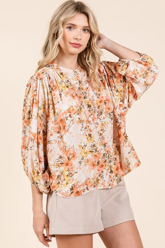 Mittoshop Flower Print Batwing Sleeve Button Down Blouse | Blouses Daverri Fashions