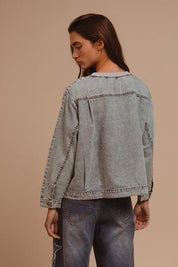 BiBi Mineral Washed Checkered Round Neck Denim Top | Tops Daverri Fashions
