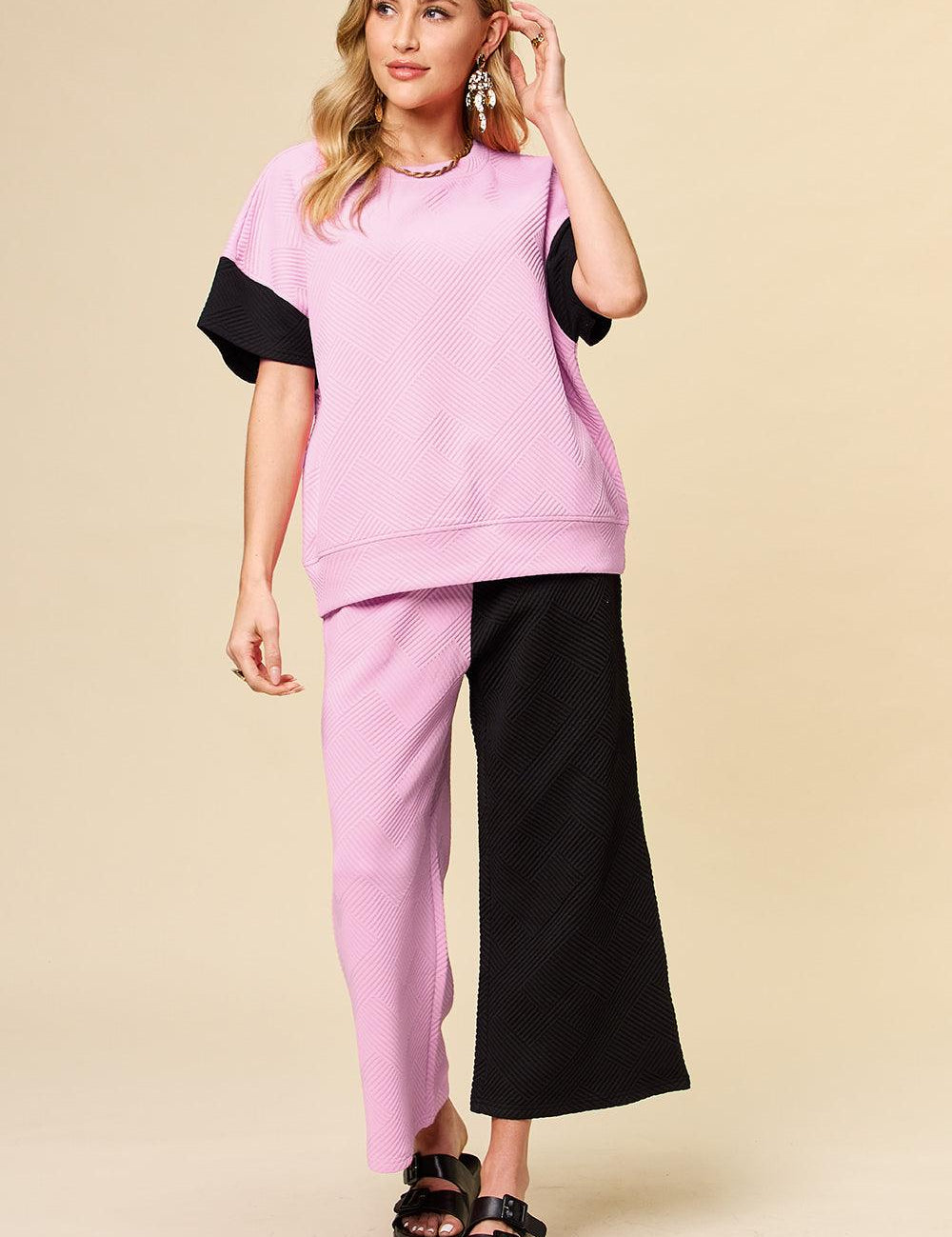 Pink Double Take Full Size Texture Contrast T-Shirt and Wide Leg Pants Set | Outfit Sets Daverri Fashions