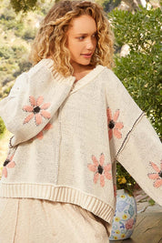 POL V-Neck Floral Pattern Chenille Sweater | Sweaters Daverri Fashions