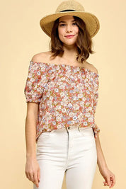 Lime 'N' Chili Floral Print Short Sleeve Off-The-Shoulder Blouse | Daverri Fashions