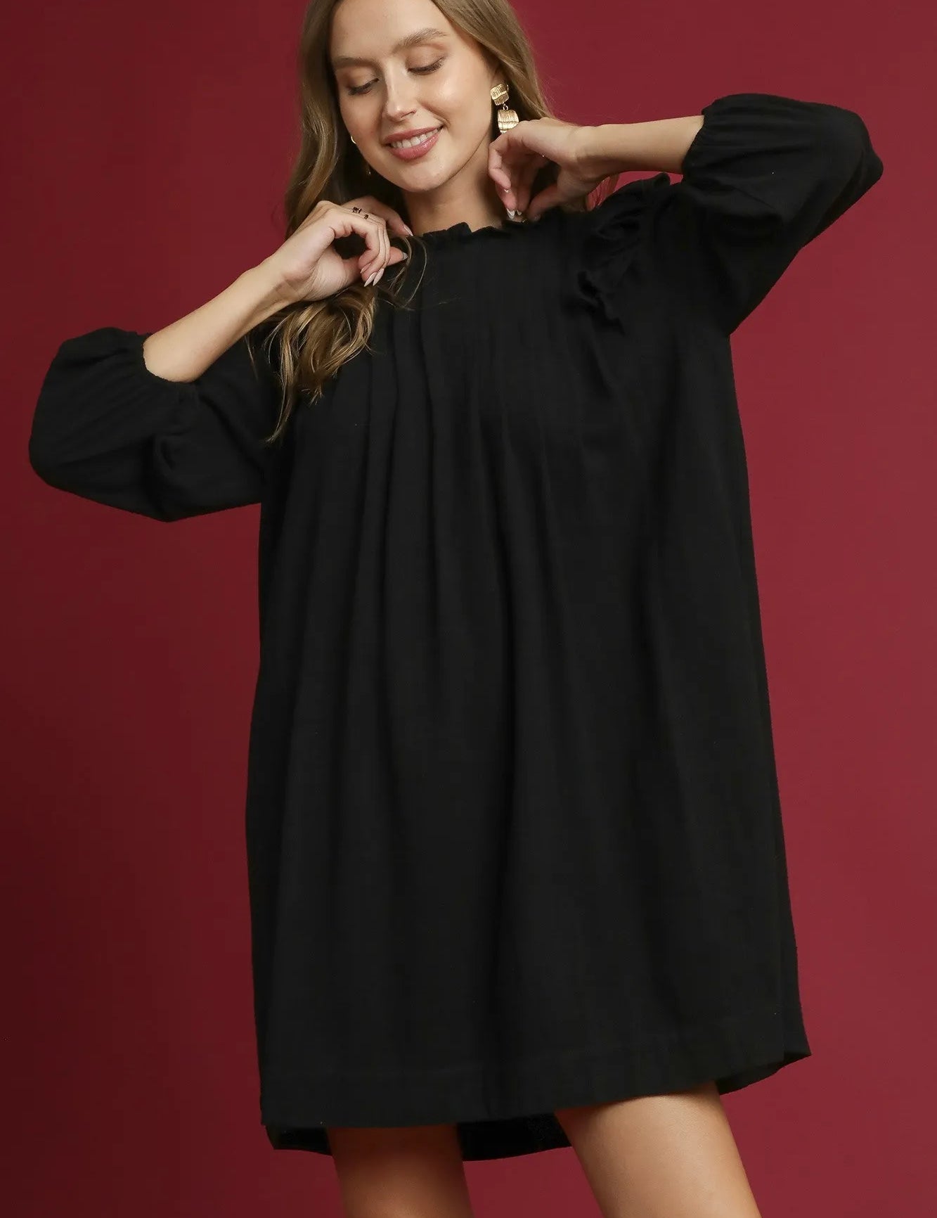 Black Umgee Linen Ruffle Shoulder Pleated Babydoll Dress | Daverri Fashions