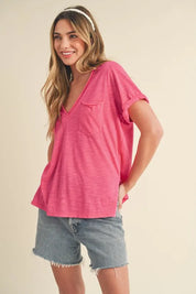 Aemi + Co Side Slit V-Neck Short Rolled Sleeve T-Shirt | Daverri Fashions
