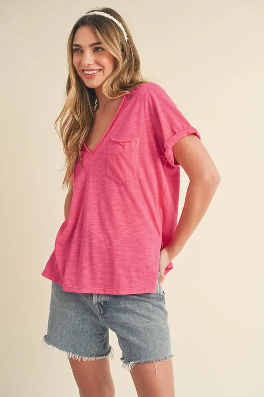 Aemi + Co Side Slit V-Neck Short Rolled Sleeve T-Shirt | Daverri Fashions