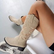 Embroidered Point Toe Block Heels Boots | Boots Daverri Fashions