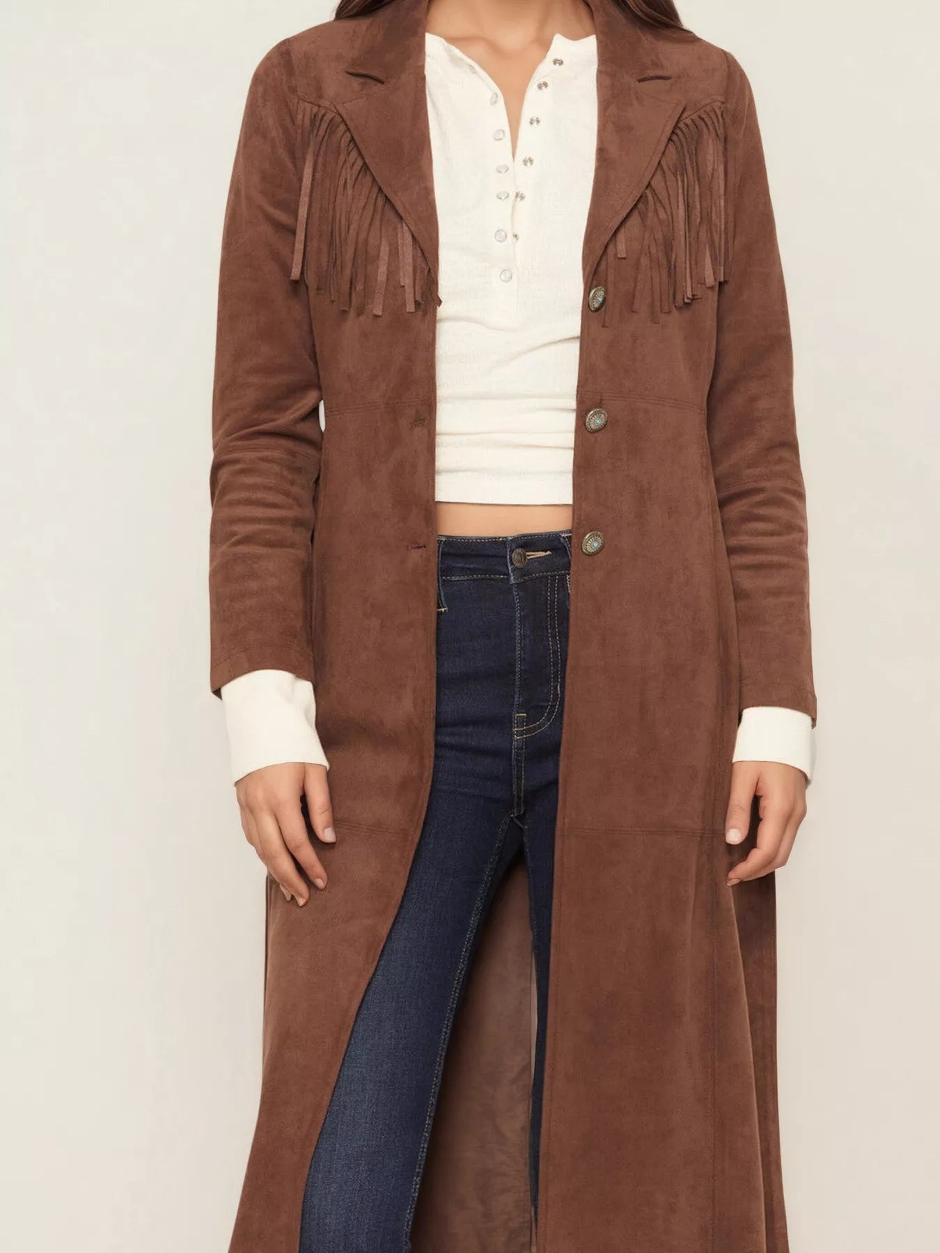 Fringe Lapel Collar Long Sleeve Coat | Daverri Fashions