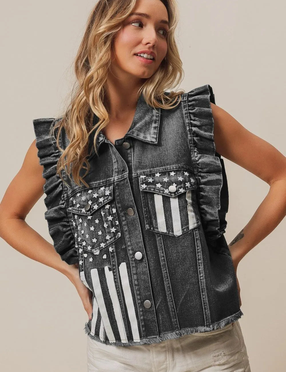 BLACK CHARCOAL M BiBi American Flag Washed Denim Jacket | Denim Jackets Daverri Fashions
