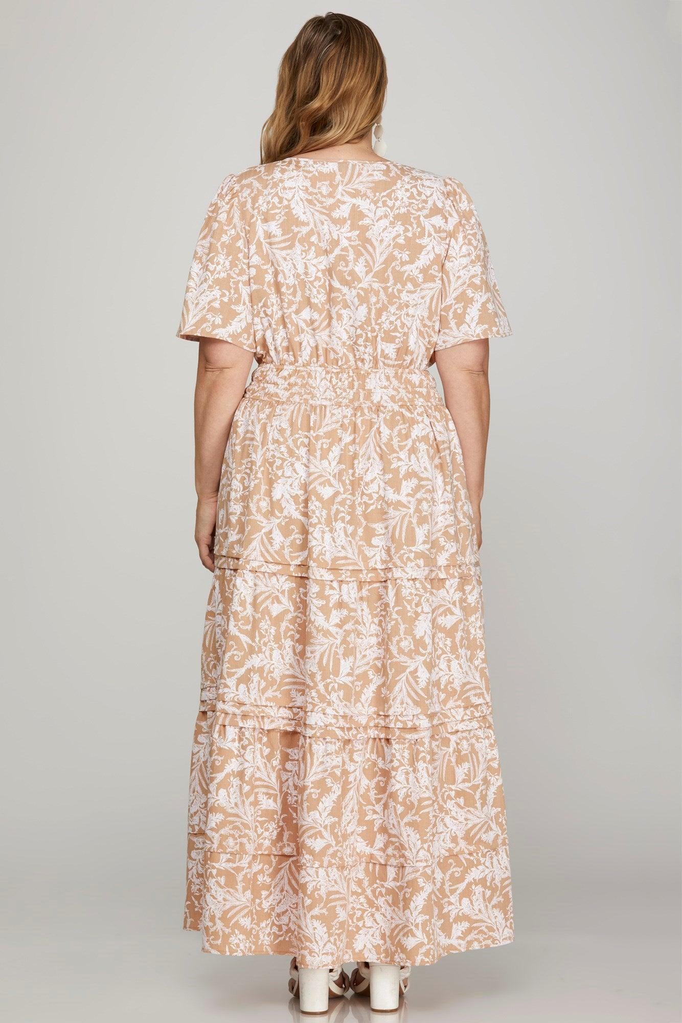 She + Sky Printed Notched Woven Tiered Pintuck Maxi Dress with Side Pockets | Daverri Fashions