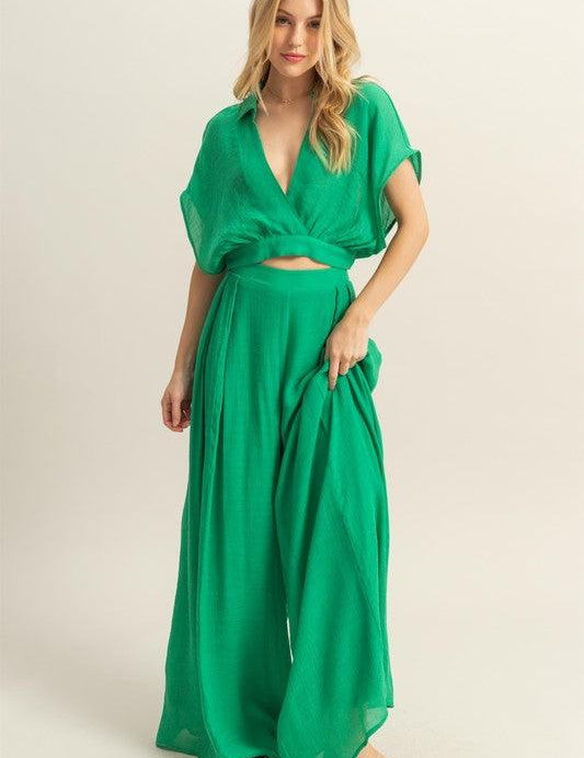 HYFVE Green Kimono Sleeve Crop Top and Wide Leg Pants Set | Outfit Sets Daverri Fashions