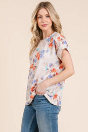 BOMBOM Floral Round Neck RIbbed T-Shirt | Daverri Fashions