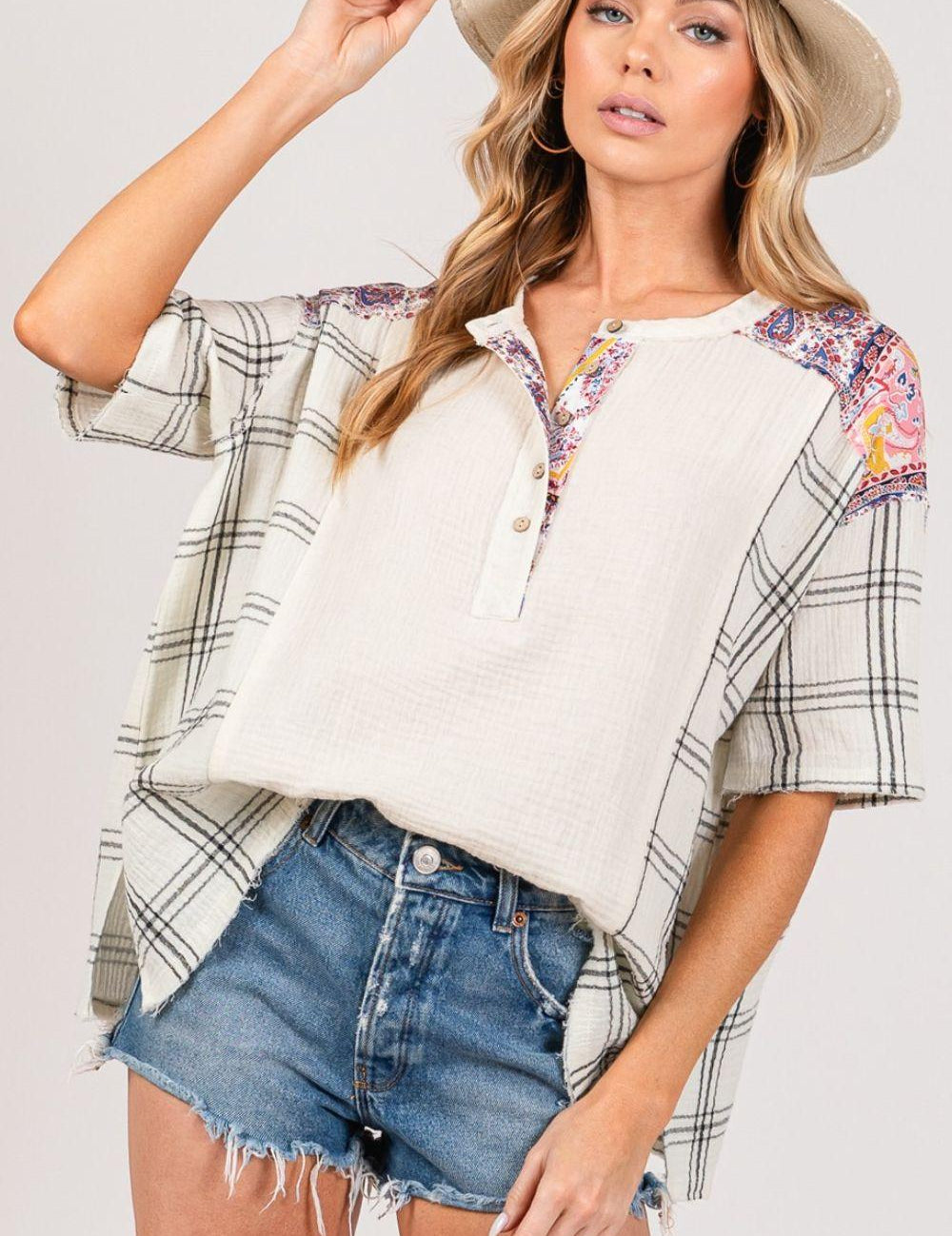 Ivory SAGE + FIG Plaid Half Button Gauze Top | Tops Daverri Fashions