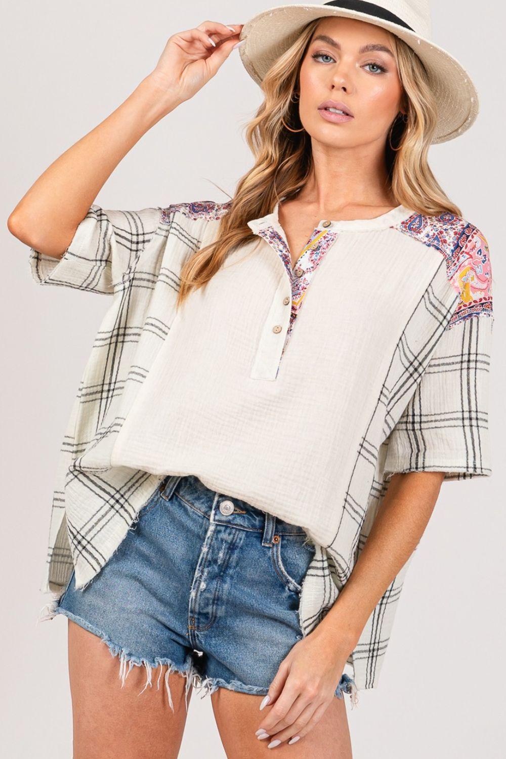 Ivory SAGE + FIG Plaid Half Button Gauze Top | Tops Daverri Fashions