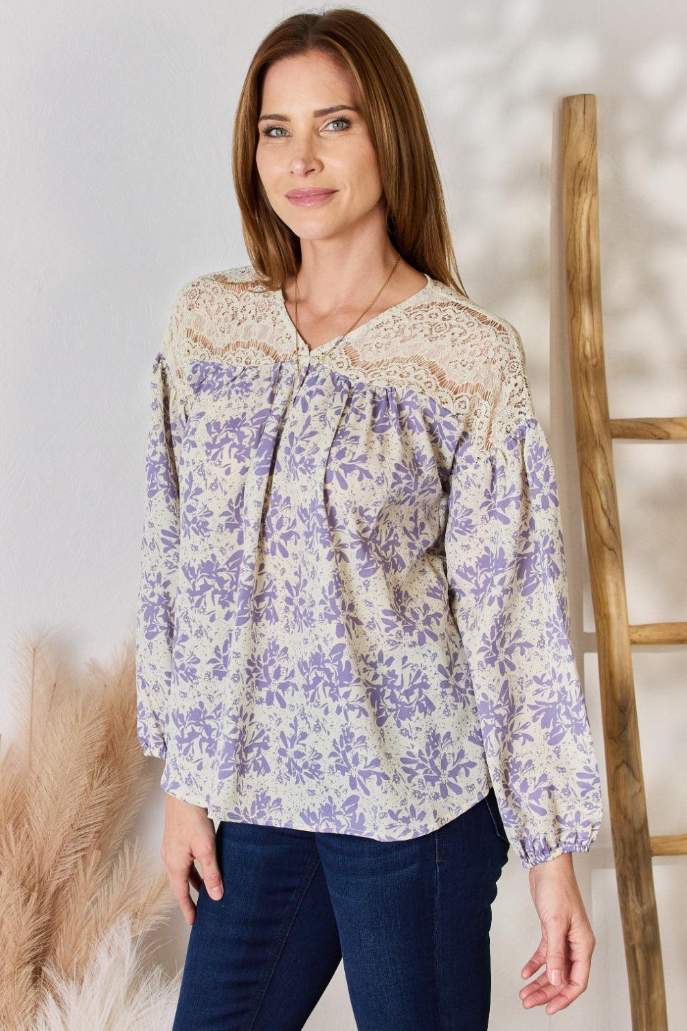 Hailey & Co Full Size Lace Detail Printed Blouse | Blouses Daverri Fashions