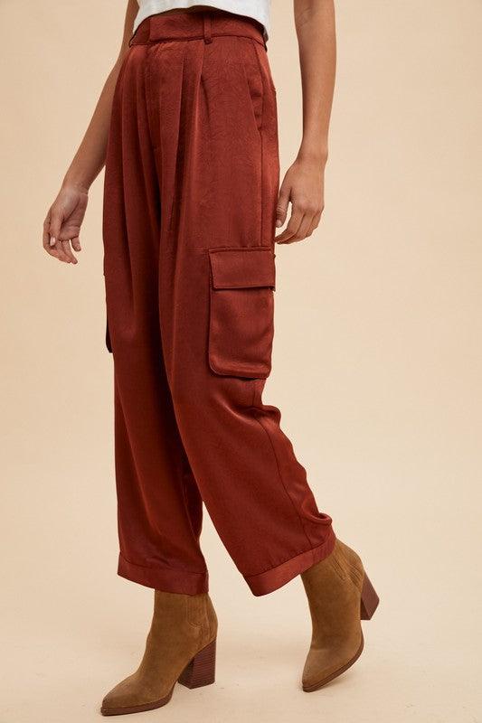 Anniewear Wide Leg Cargo Satin Pants | Pants Daverri Fashions