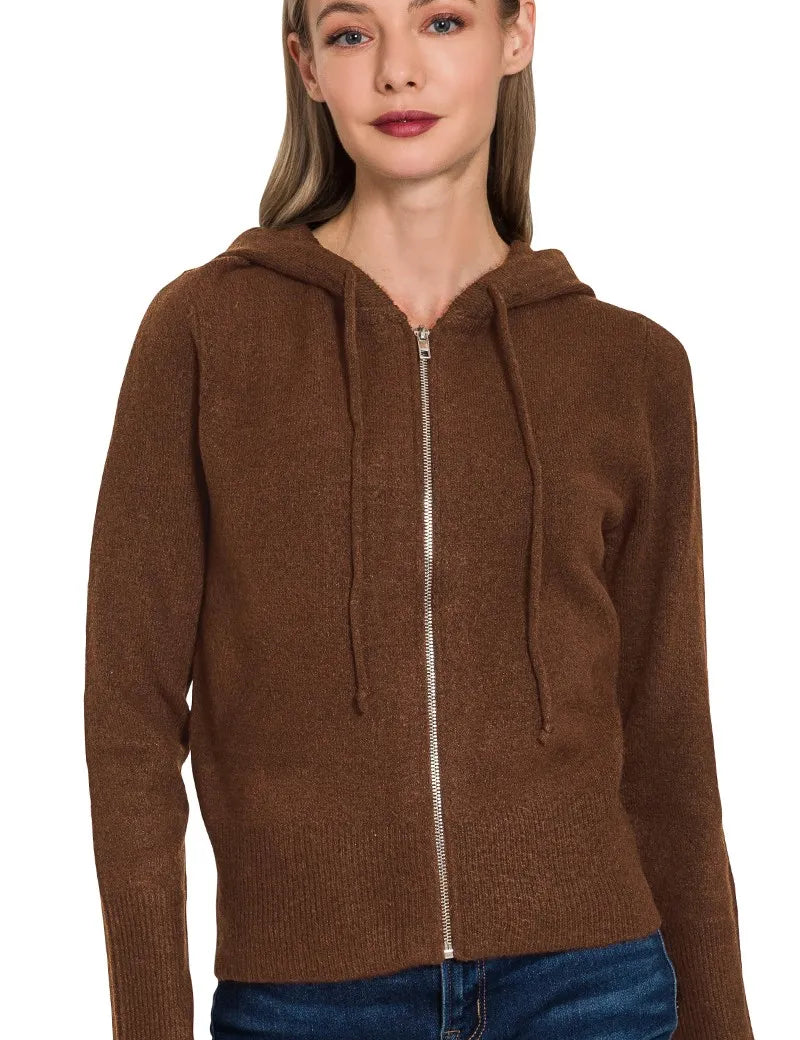 BROWN Zenana Drawstring Zip Up Hooded Cardigan Brown | Cardigans Daverri Fashions