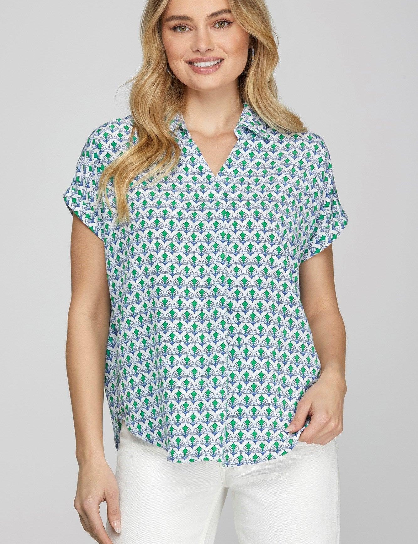 Turquoise She + Sky Full Size Printed Johnny Collar Short Sleeve Blouse Plus Size | Blouses Daverri Fashions