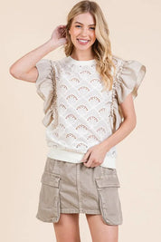 NATURAL Lime 'N' Chili Ruffle Cap Sleeve Embroidered Eyelet Blouse | Daverri Fashions