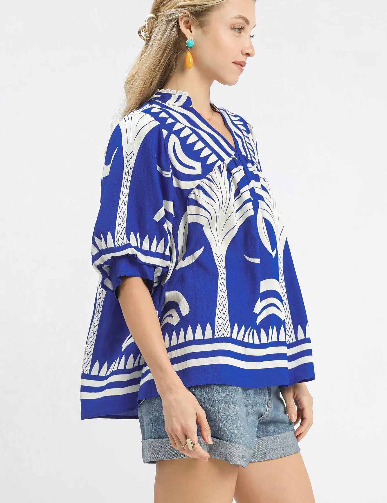 Umgee Folk Art Palm Print Puff Sleeve Blouse | Blouses Daverri Fashions
