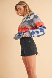 Aemi + Co Diamond Mock Neck Raglan Sleeve Sweater | Sweaters Daverri Fashions